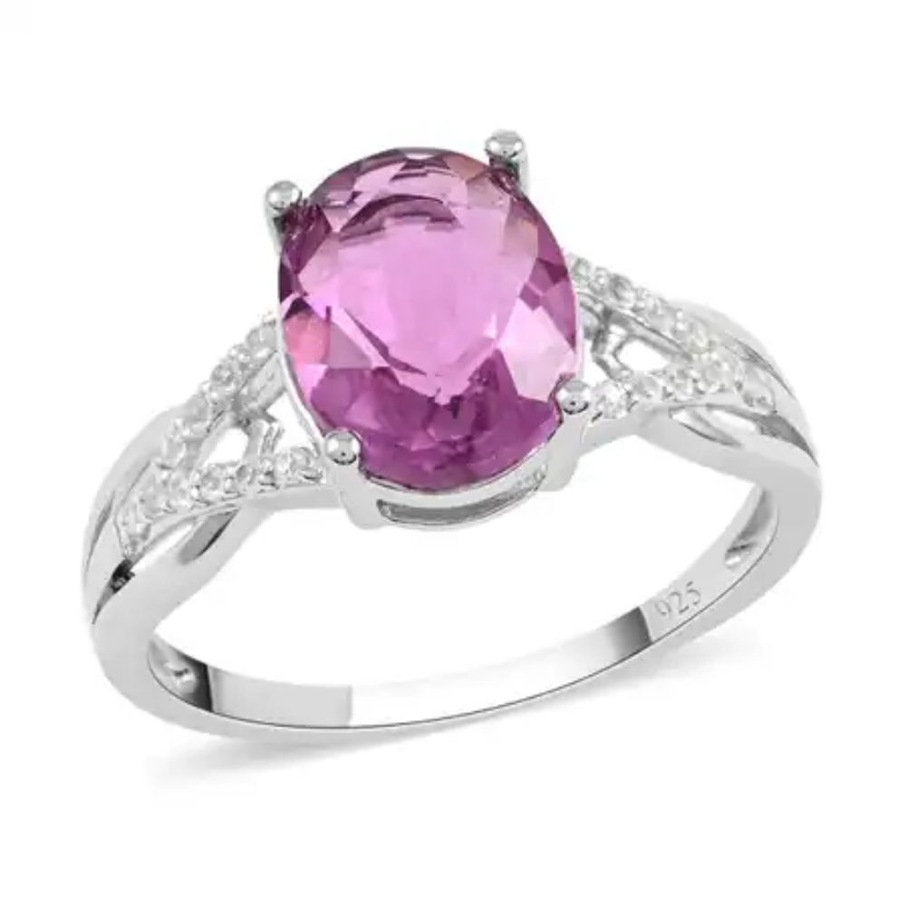 SOLDPink Fluorite and White Zircon Ring in Sterling Silver 3.30 ctw - Picture 1 of 5
